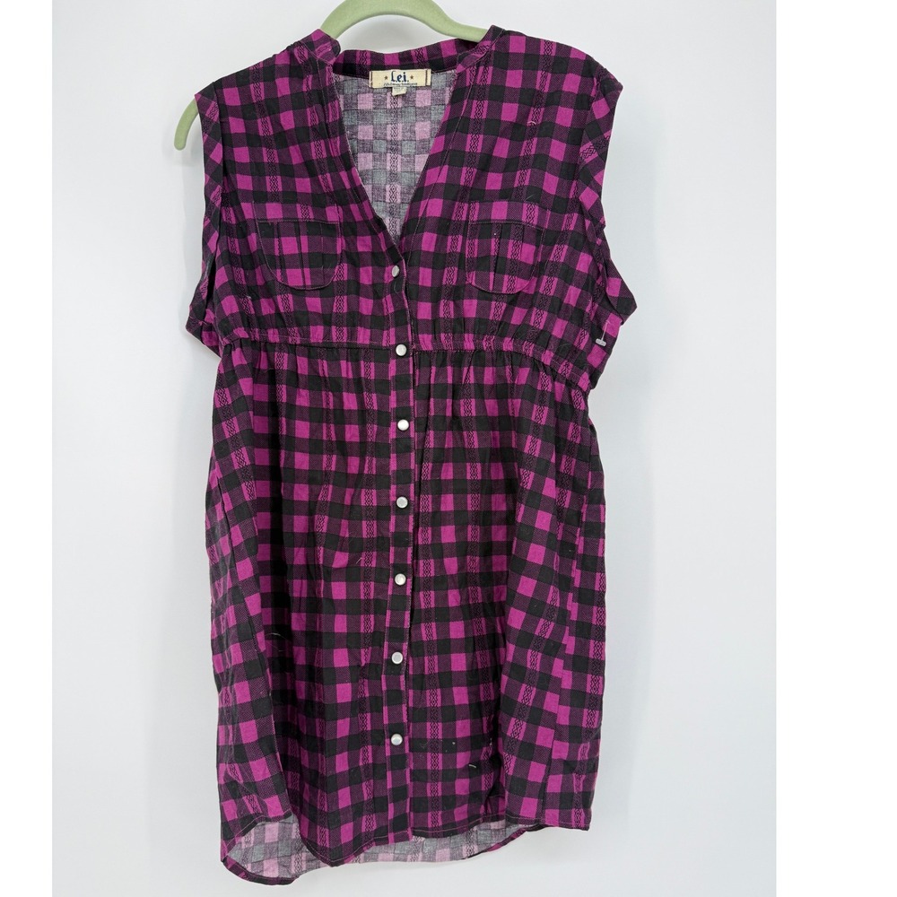 VTG Y2K L.E.I. Pink Black Plaid Sleeveless Mini Dress Tunic Top Button Front XLβ